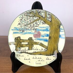 Enamel On Copper Signed Nathalie 1981 Sun Clouds Tree Fence Wall Decor Vtg